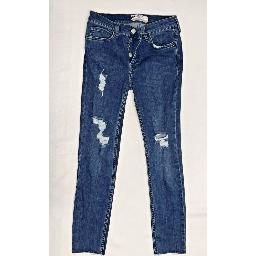 Free People Size W 28 Frayed Hem Jeans Distressed 5 Button Fly Stretch Med Wash